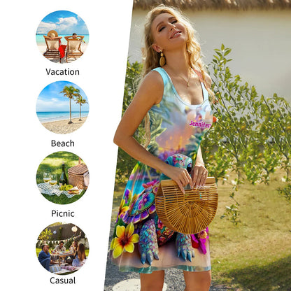Sparkling Playful Turtle & Floral - Personalized Sleeveless Dress