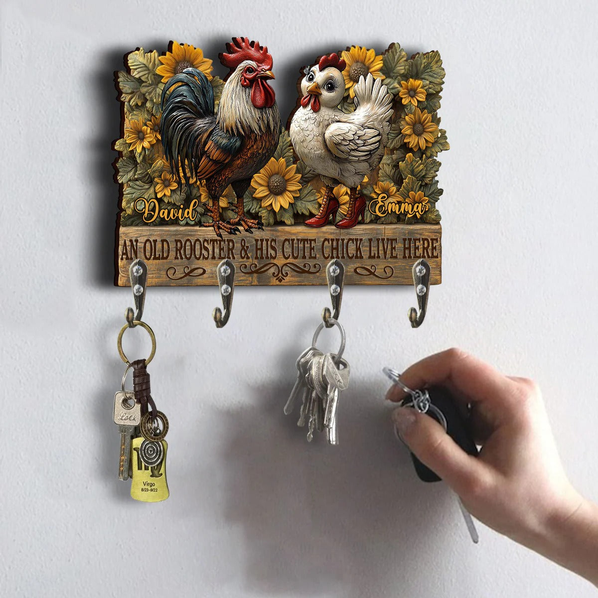 An Old Rooster And His Cute Chick Live Here - Personalized Chicken Custom Shaped Key Rack