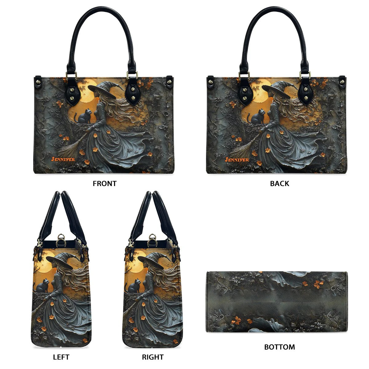 Beautiful Witch & Her Black Cat - Personalized Leather Handbag