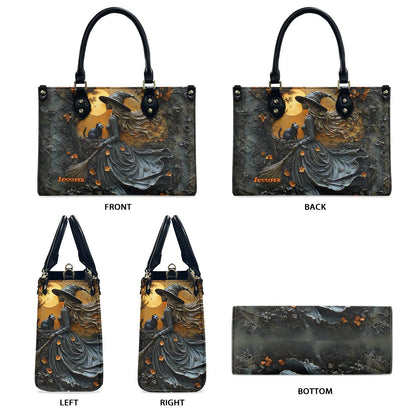 Beautiful Witch & Her Black Cat - Personalized Leather Handbag