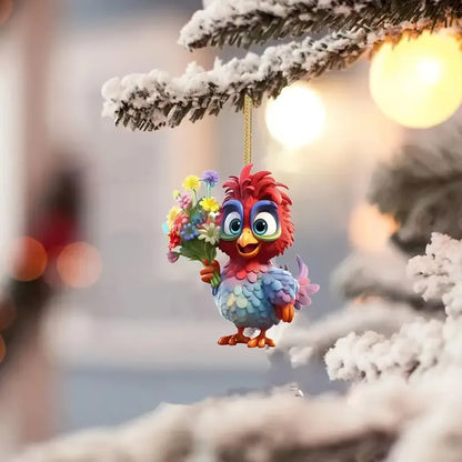 Cartoon Chicken Flowers Acrylic Ornament - Gift For Chicken Lover's