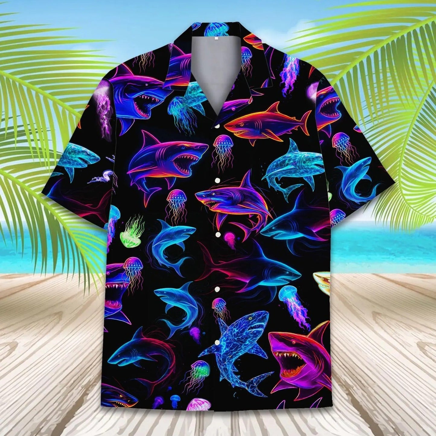 Neon Shark Hawaii Shirt, Colorful Shark Hawaiian Shirt