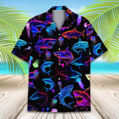 Neon Shark Hawaii Shirt, Colorful Shark Hawaiian Shirt