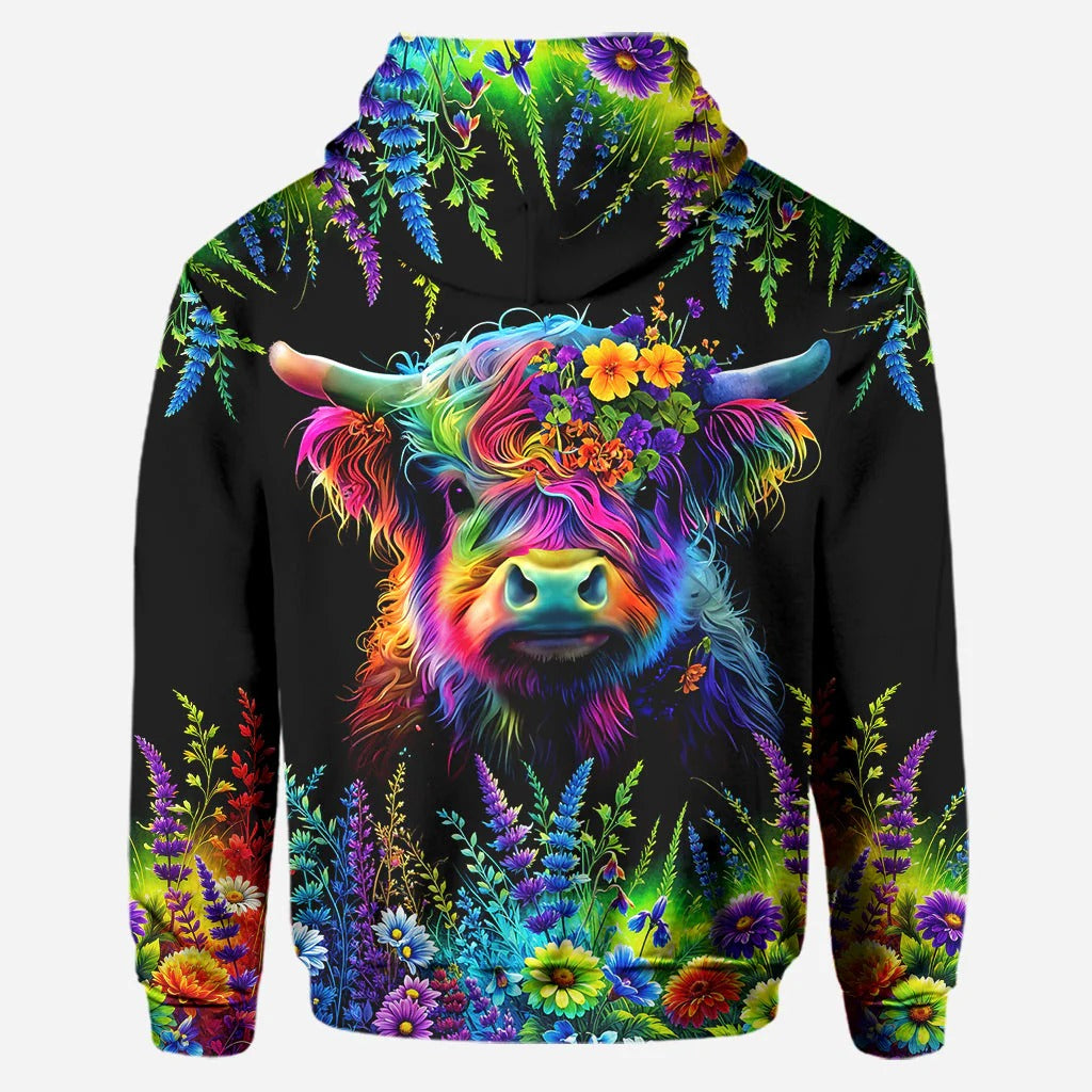 Personalized Beautiful Neon Highland Cow - Highland Cow Hoodie and Leggings