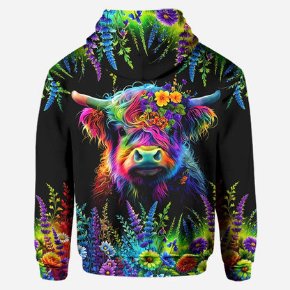 Personalized Beautiful Neon Highland Cow - Highland Cow Hoodie and Leggings
