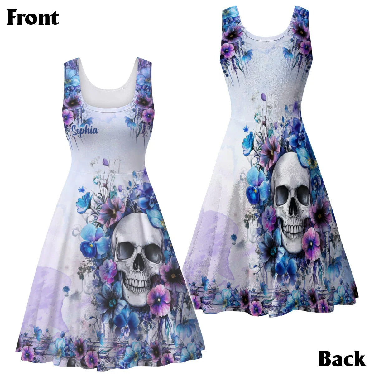 Watercolor Floral Skull - Personalized Sleeveless Dress