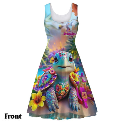 Sparkling Playful Turtle & Floral - Personalized Sleeveless Dress