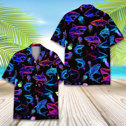 Neon Shark Hawaii Shirt, Colorful Shark Hawaiian Shirt