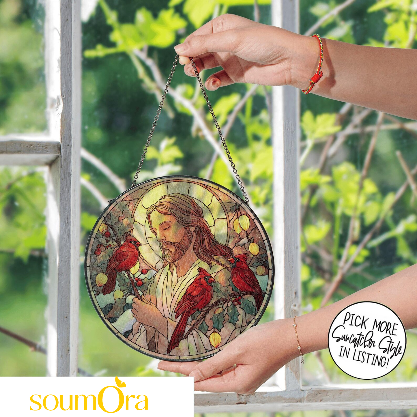 Christian With Cardinals Stained Glass Suncatcher