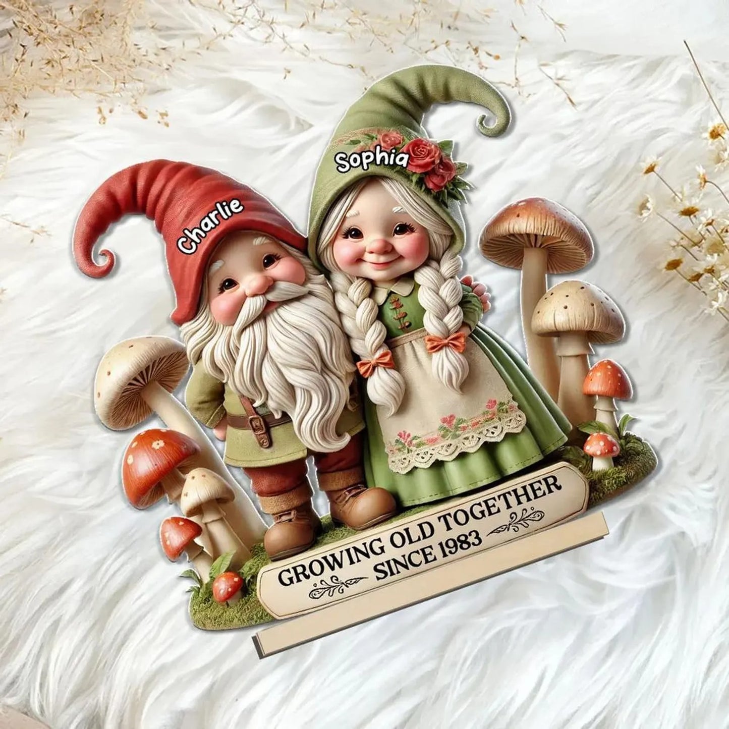 Personalized Whimsical Gnome Couple Wooden Standing