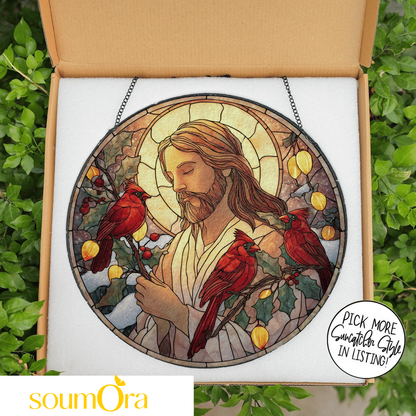 Christian With Cardinals Stained Glass Suncatcher