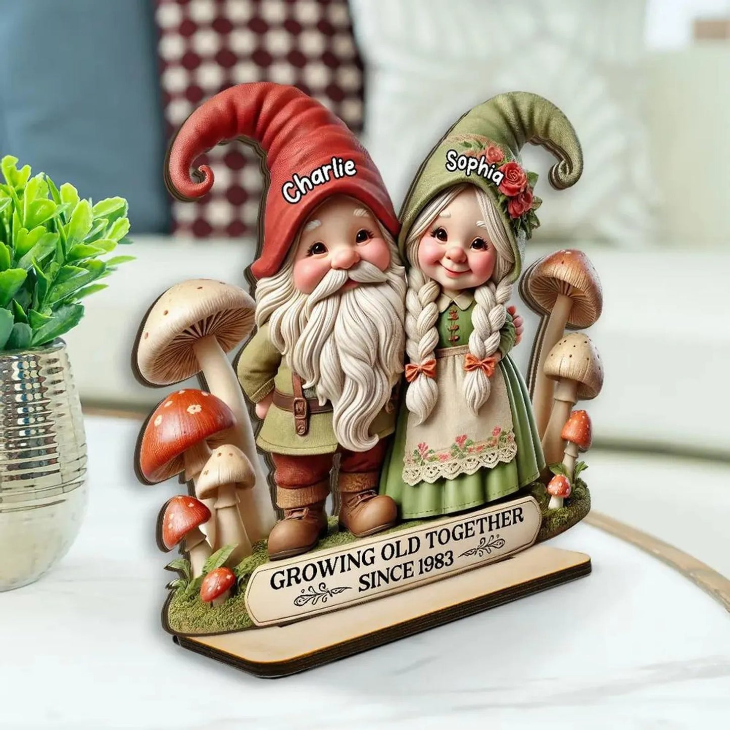 Personalized Whimsical Gnome Couple Wooden Standing