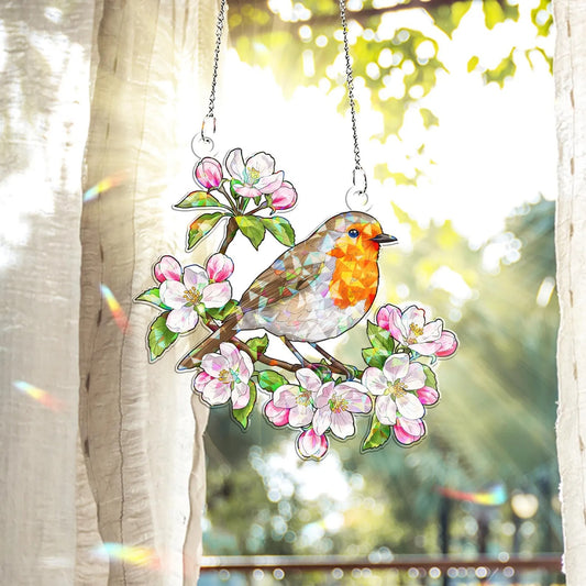 Robin & Apple Blossoms Hologram Acrylic Window Hanging