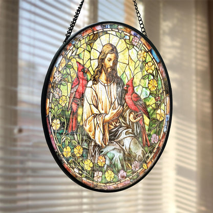 Jesus With Cardinals Stained Glass Suncatcher