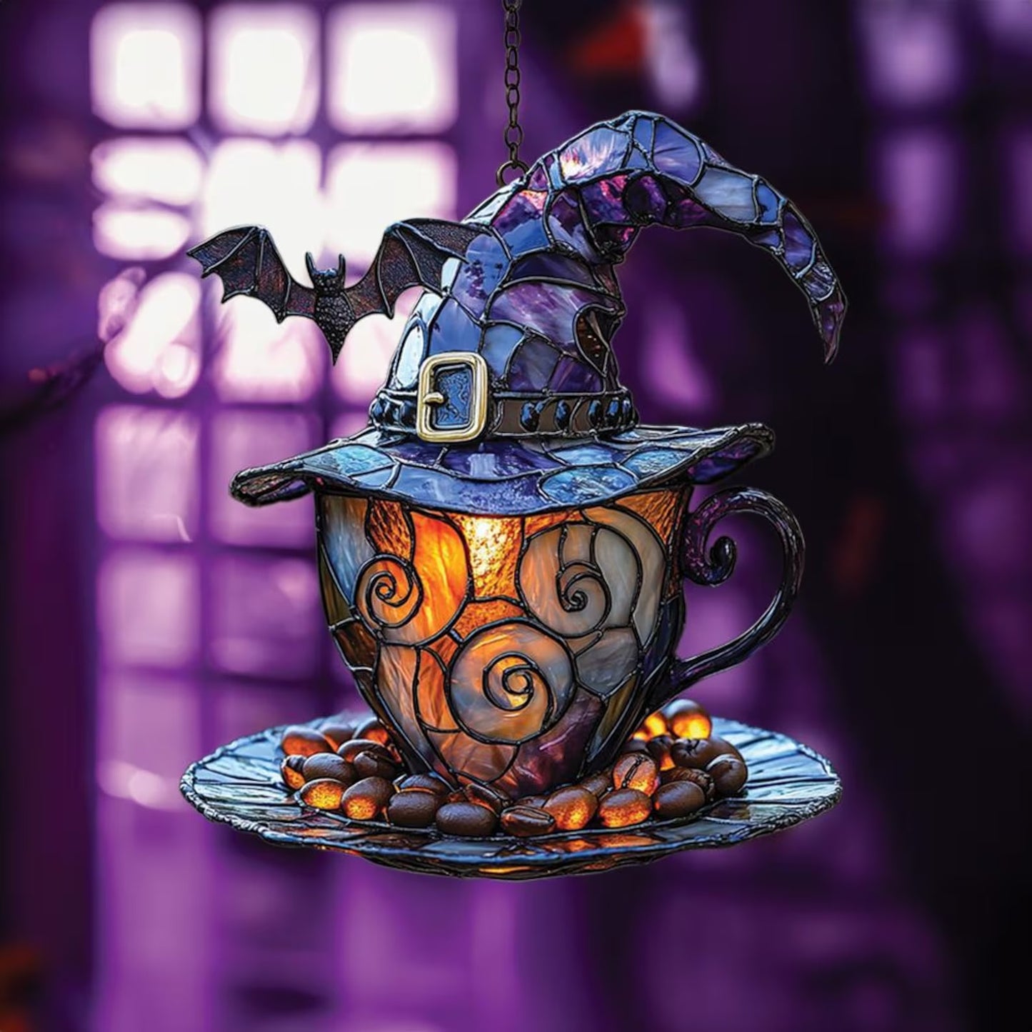 Witch Hat Teacup Acrylic Window Suncatcher, Bat Suncatcher