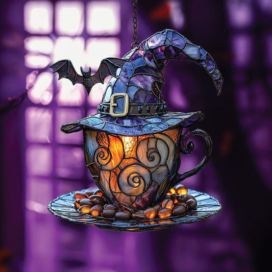 Witch Hat Teacup Acrylic Window Suncatcher, Bat Suncatcher