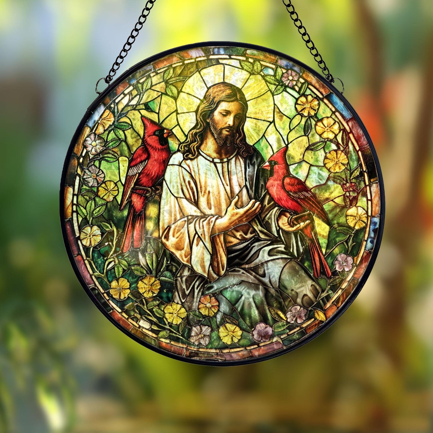 Jesus With Cardinals Stained Glass Suncatcher