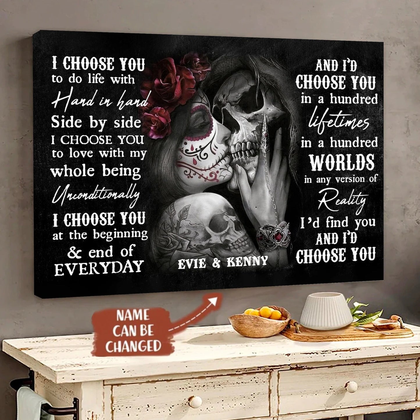 Sugar Skull Rose Couple I Choose You - Personalized Couple Canvas And Poster