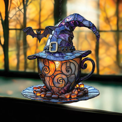 Witch Hat Teacup Acrylic Window Suncatcher, Bat Suncatcher