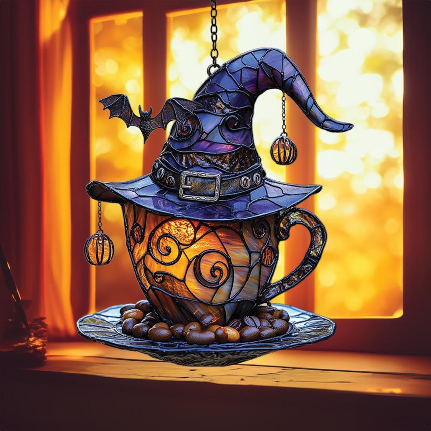 Witch Hat Teacup Acrylic Window Suncatcher, Bat Suncatcher