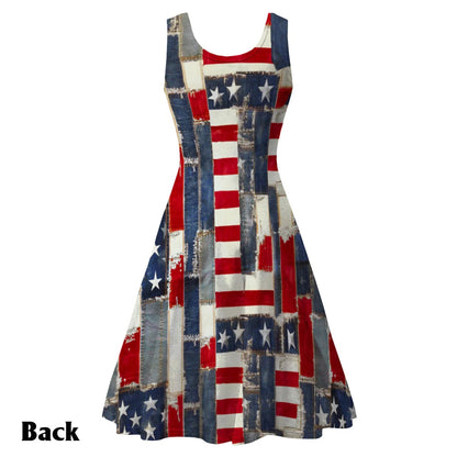 Retro American Flag Denim Floral Art - Personalized Sleeveless Dress