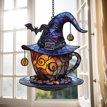 Witch Hat Teacup Acrylic Window Suncatcher, Bat Suncatcher