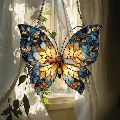 Blue and Gold Butterfly Faux Stained Glass Suncatcher