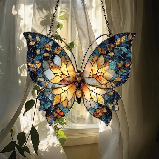 Blue and Gold Butterfly Faux Stained Glass Suncatcher