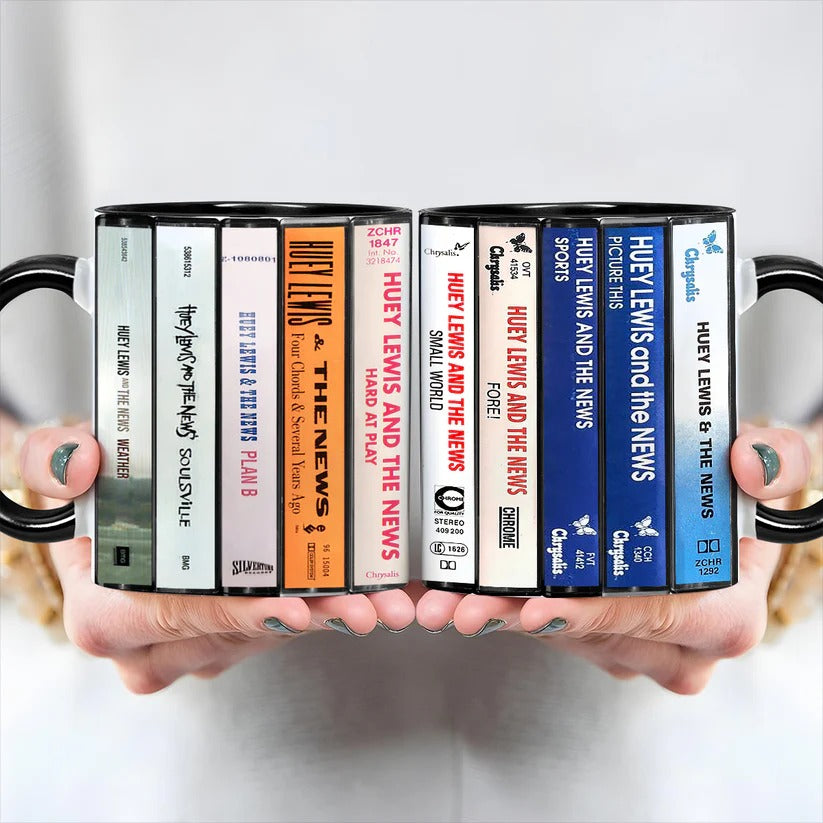 Huey Lewis Albums Cassette Collection Retro Accent Mug
