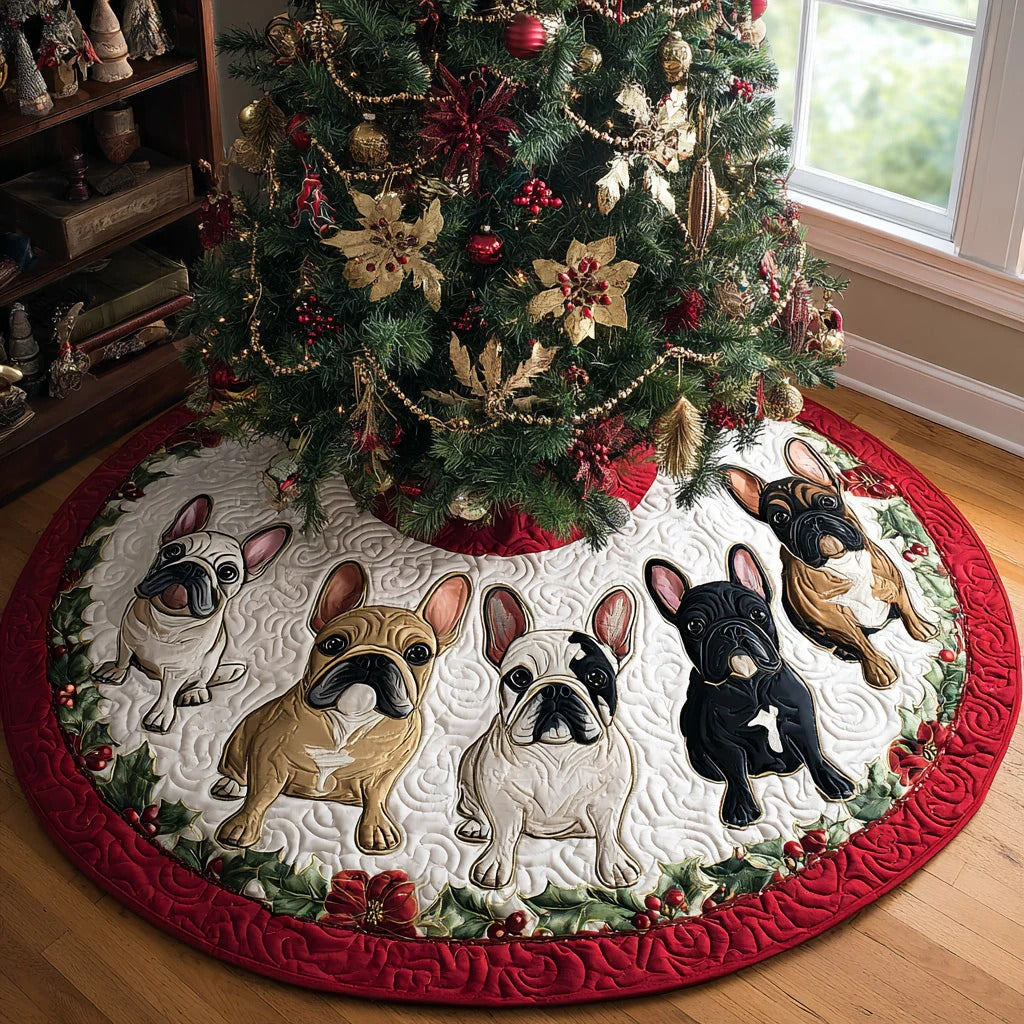 Frosty Frenchie Charm Quilted Christmas Tree Skirt