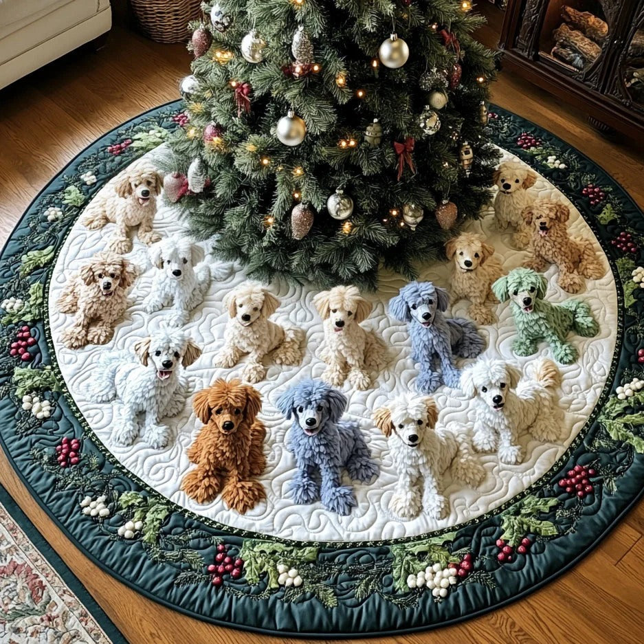 Santa Poodle Helper Quilted Christmas Tree Skirt