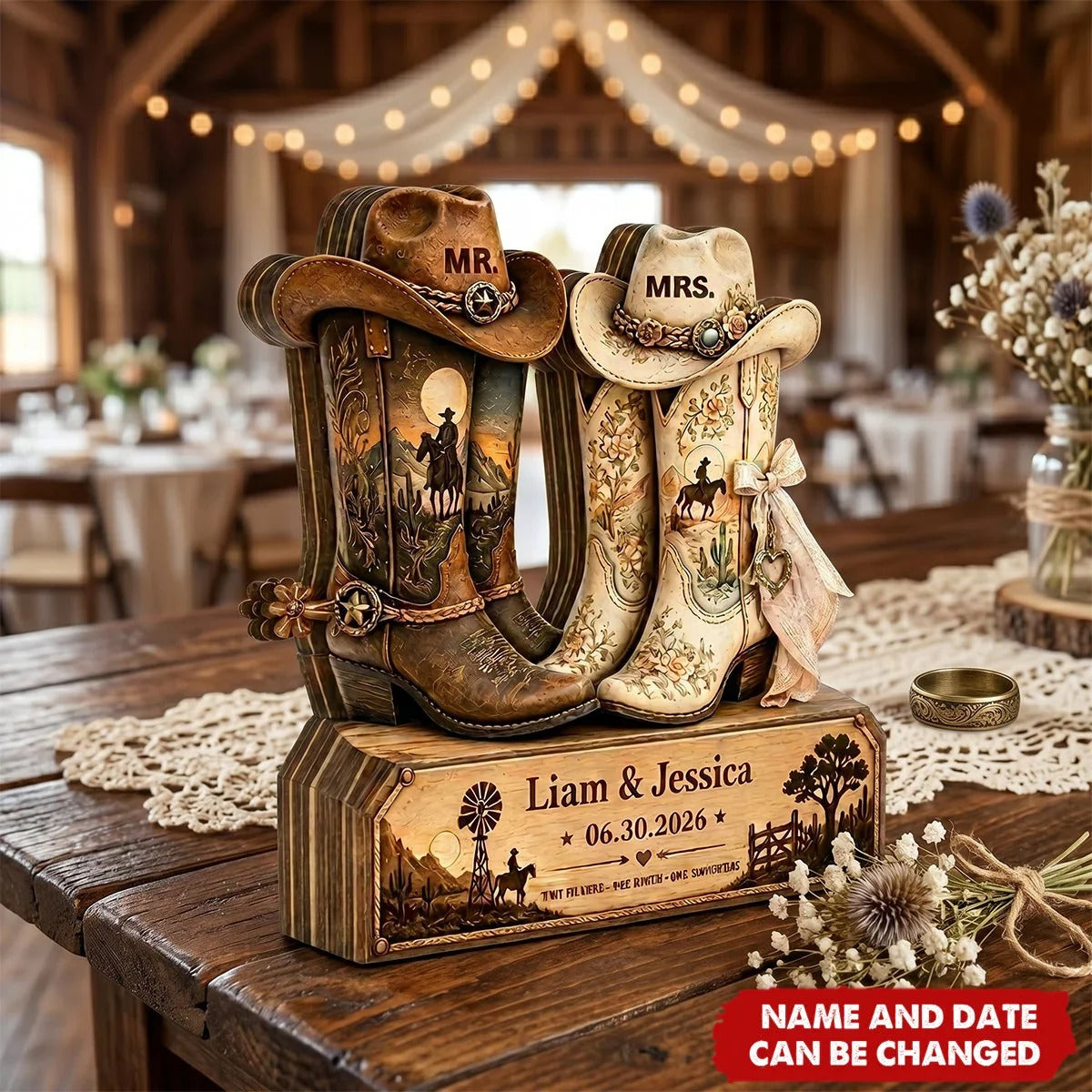 Personalized Cowboy Boots Wooden Block - Custom Rustic Wedding Gift for Couples Anniversary Decor