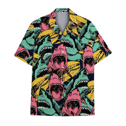 Funny Shark Hawaii Shirt, Colorful Retro Shark Hawaiian Shirt