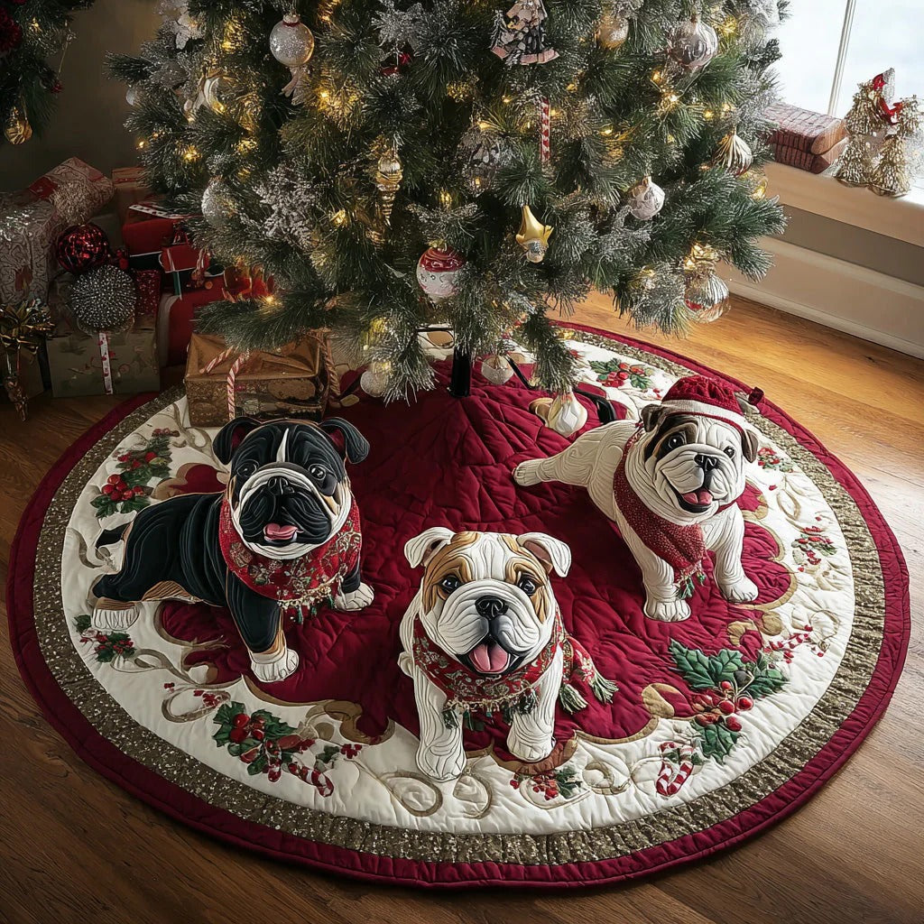 Winter Bulldog Wishes Quilted Christmas Tree Skirt