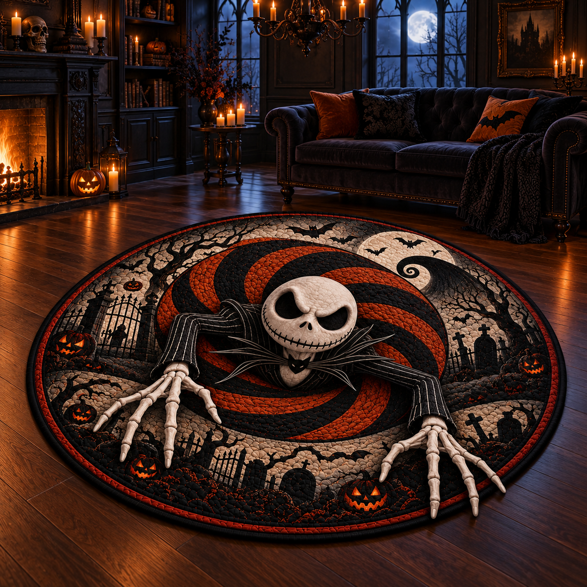Jack Skellington Halloween 3D Illusion Round Rug – Spooky Pumpkin Graveyard Carpet
