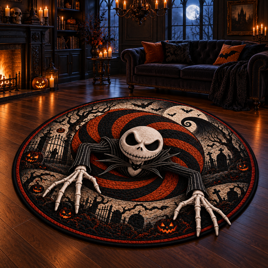 Jack Skellington Halloween 3D Illusion Round Rug – Spooky Pumpkin Graveyard Carpet