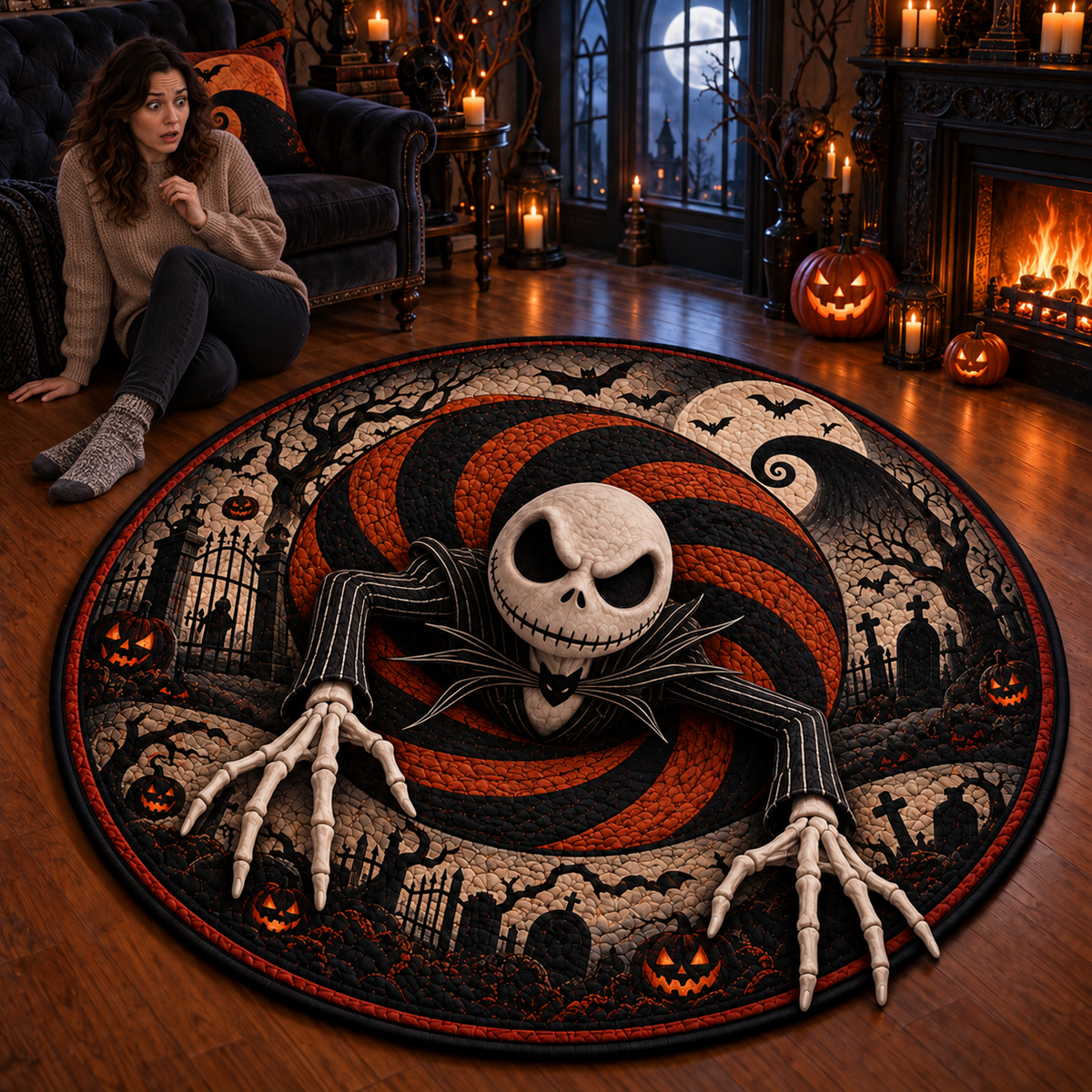 Jack Skellington Halloween 3D Illusion Round Rug – Spooky Pumpkin Graveyard Carpet