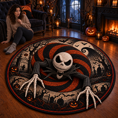 Jack Skellington Halloween 3D Illusion Round Rug – Spooky Pumpkin Graveyard Carpet