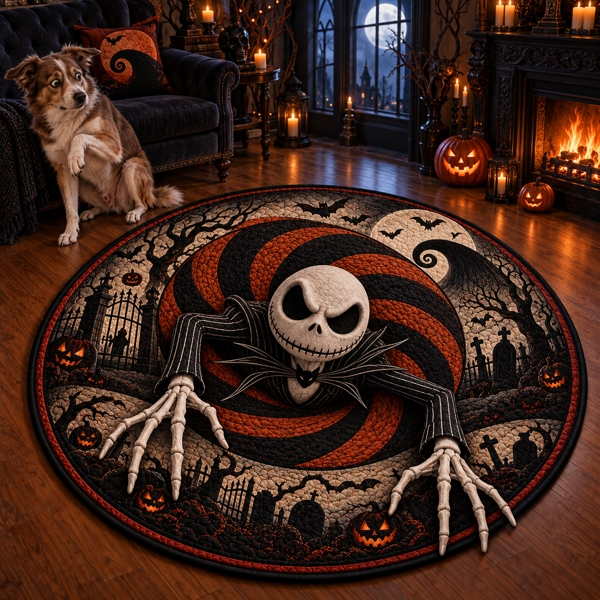 Jack Skellington Halloween 3D Illusion Round Rug – Spooky Pumpkin Graveyard Carpet
