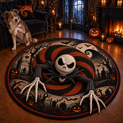 Jack Skellington Halloween 3D Illusion Round Rug – Spooky Pumpkin Graveyard Carpet