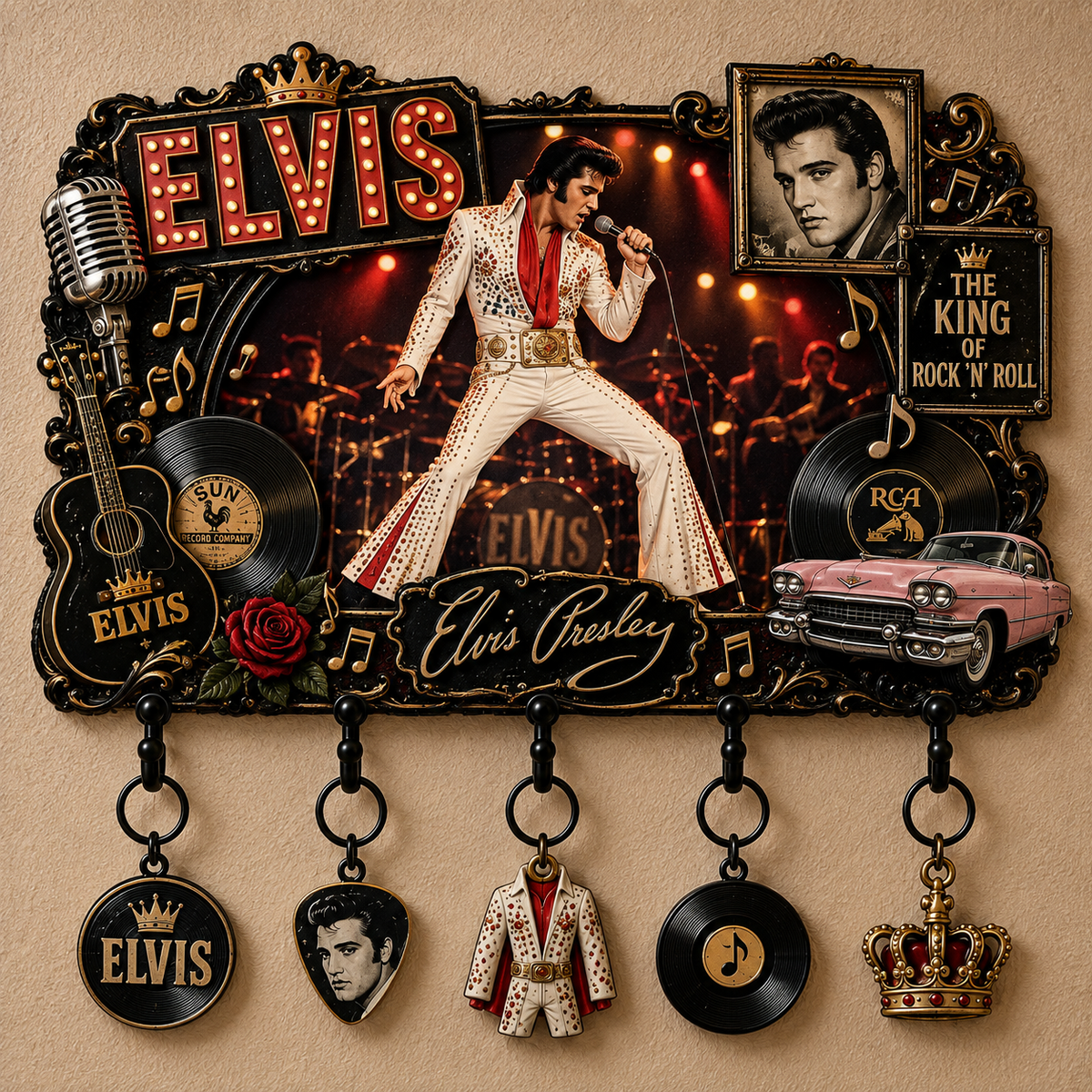 Elvis Presley King of Rock ’n’ Roll Vintage Key Holder – Music Legend Wall Key Rack