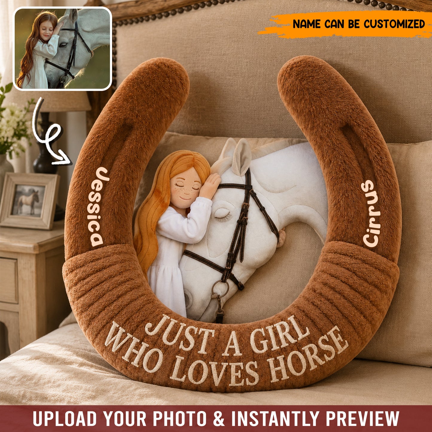 Personalized Horseshoe Pillow – Custom Photo & Name Gift for Horse Lovers & Equestrians
