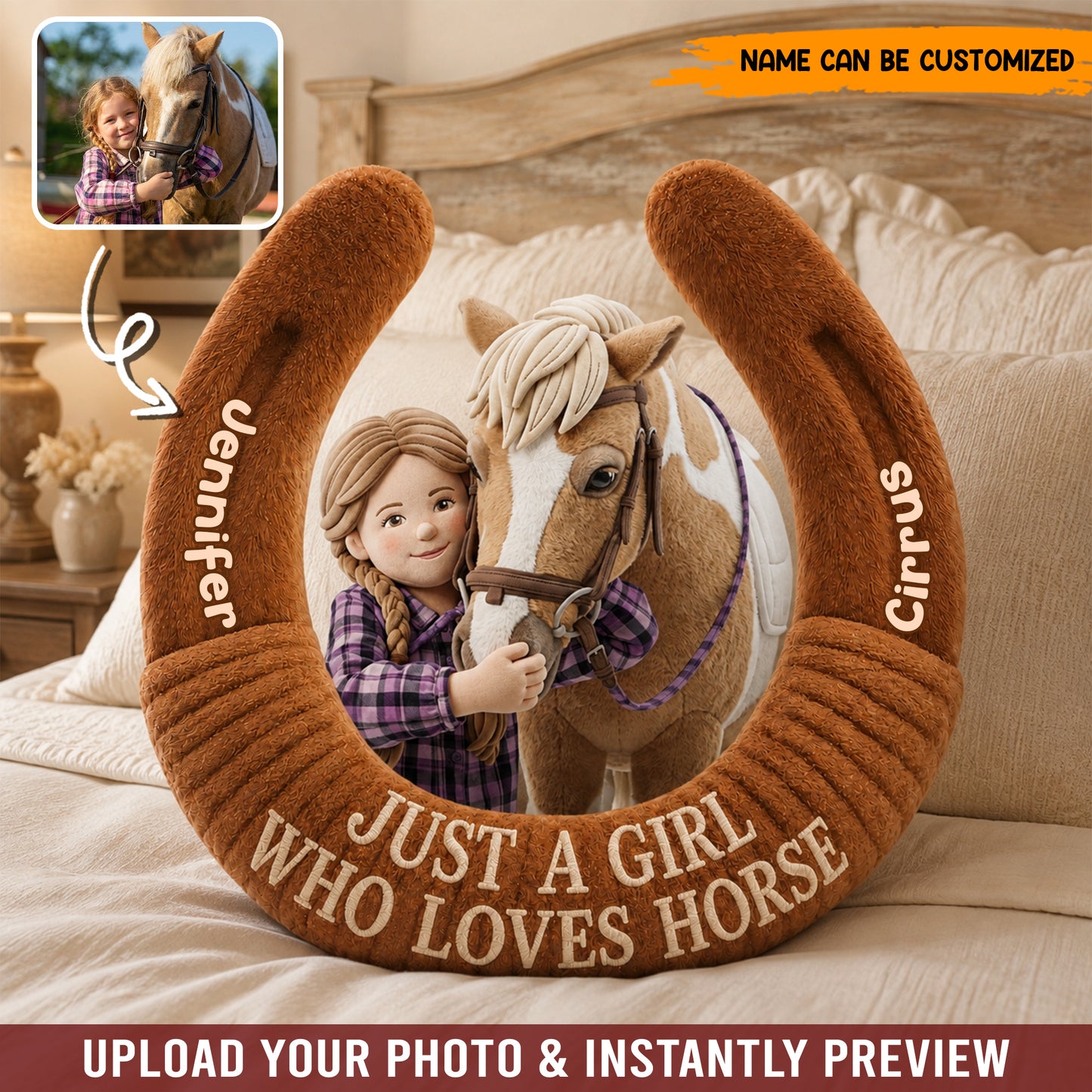 Personalized Horseshoe Pillow – Custom Photo & Name Gift for Horse Lovers & Equestrians