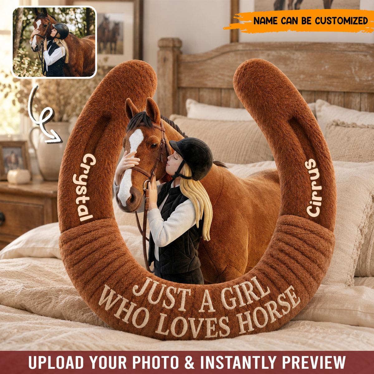 Personalized Horseshoe Pillow – Custom Photo & Name Gift for Horse Lovers & Equestrians