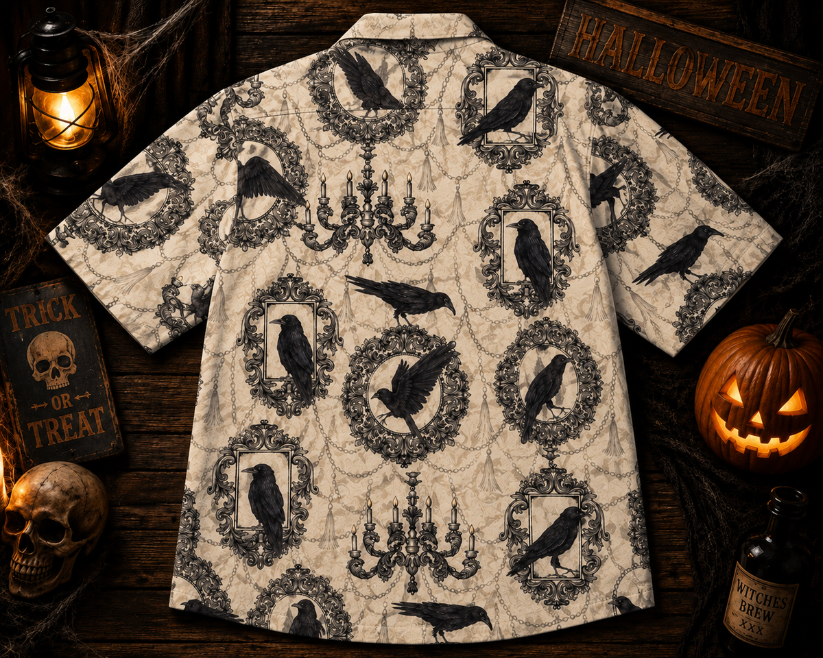 Gothic Raven Vintage Frames – Halloween Hawaiian Shirt