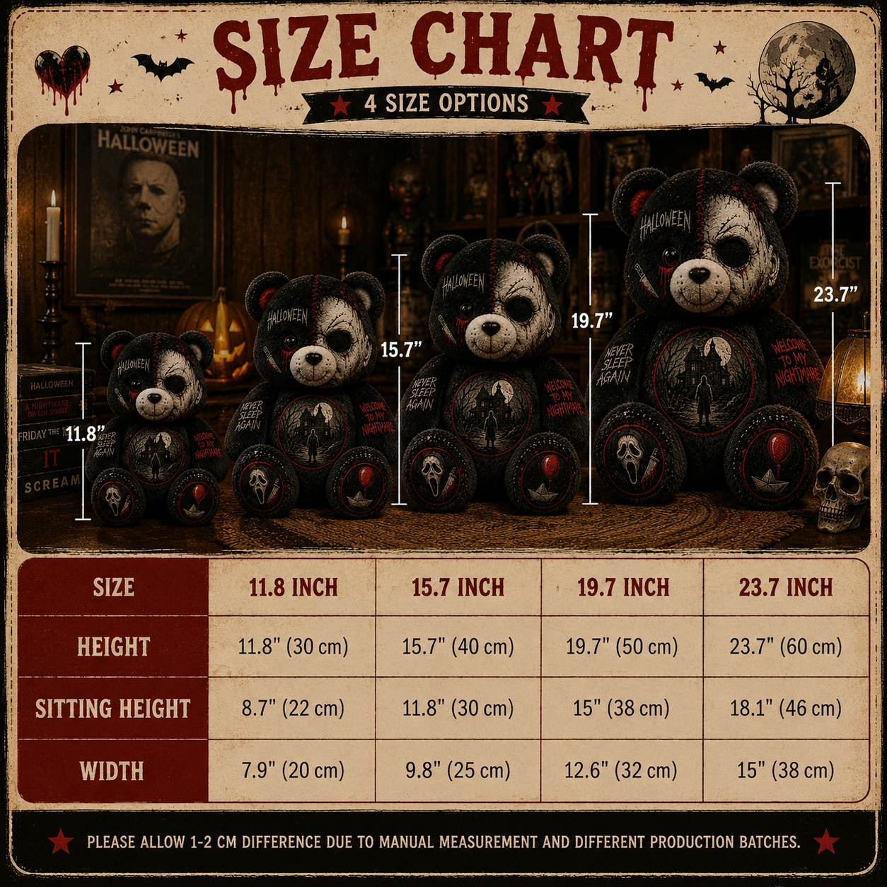 Never Sleep Again Horror Bear Custom Shaped Pillow – Halloween Gift for Horror & Slasher Lovers