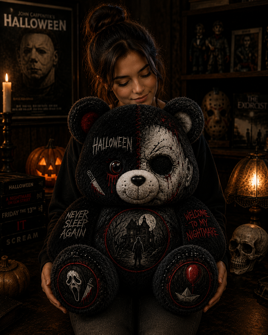 Never Sleep Again Horror Bear Custom Shaped Pillow – Halloween Gift for Horror & Slasher Lovers