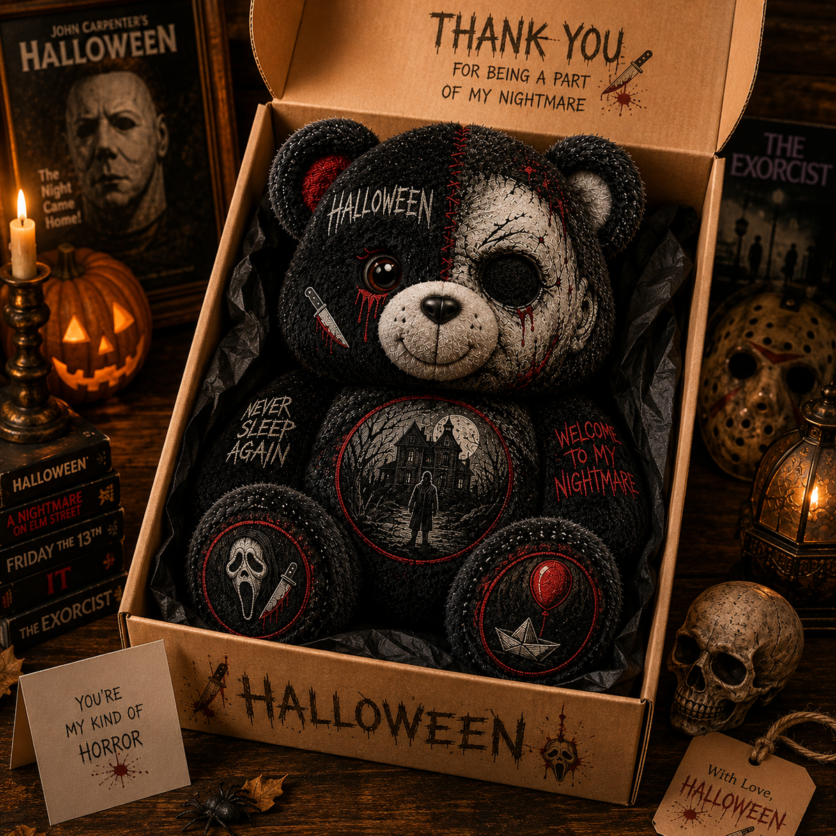 Never Sleep Again Horror Bear Custom Shaped Pillow – Halloween Gift for Horror & Slasher Lovers