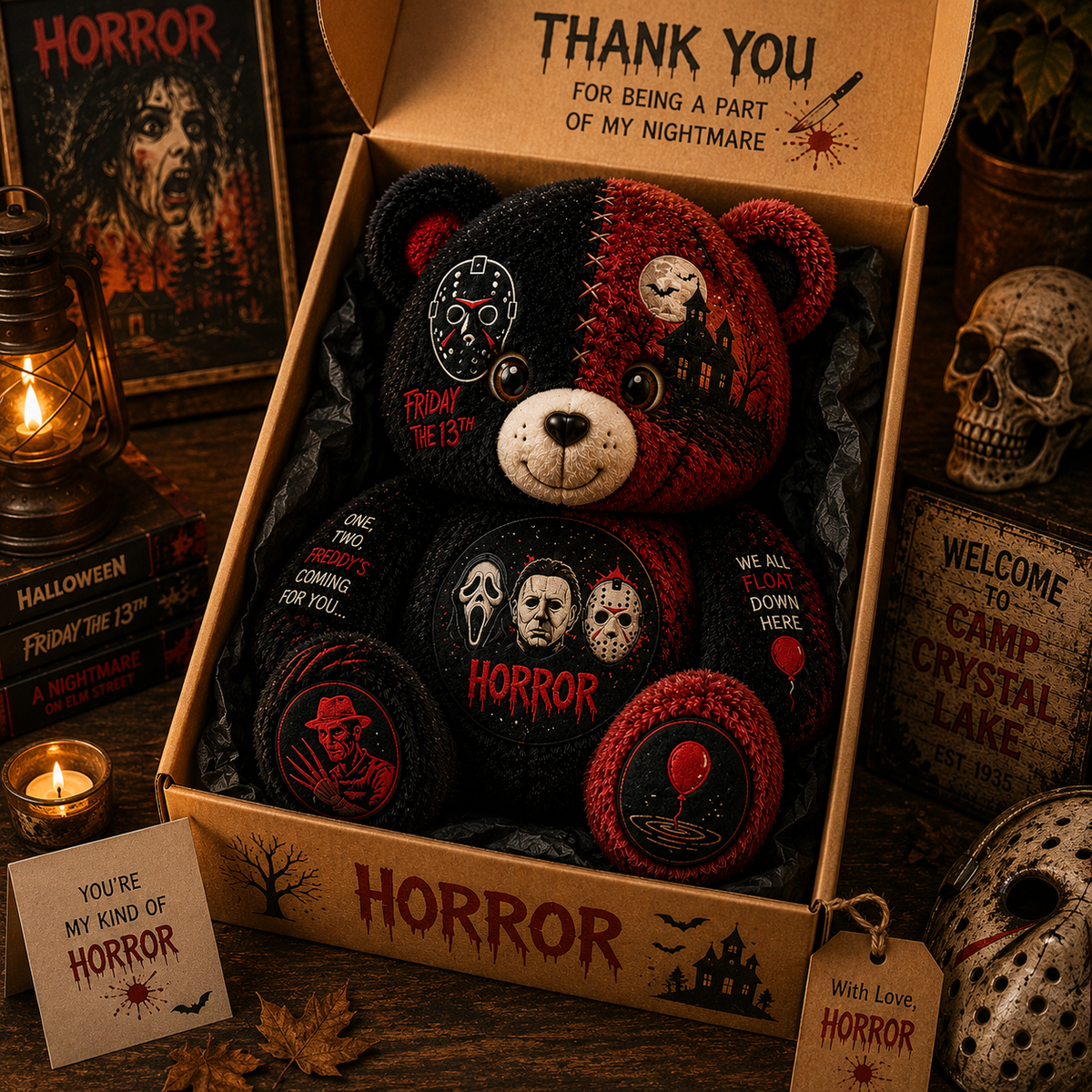 Horror Legends Bear Custom Shaped Pillow – Scary Halloween Gift for Classic Horror & Slasher Fans