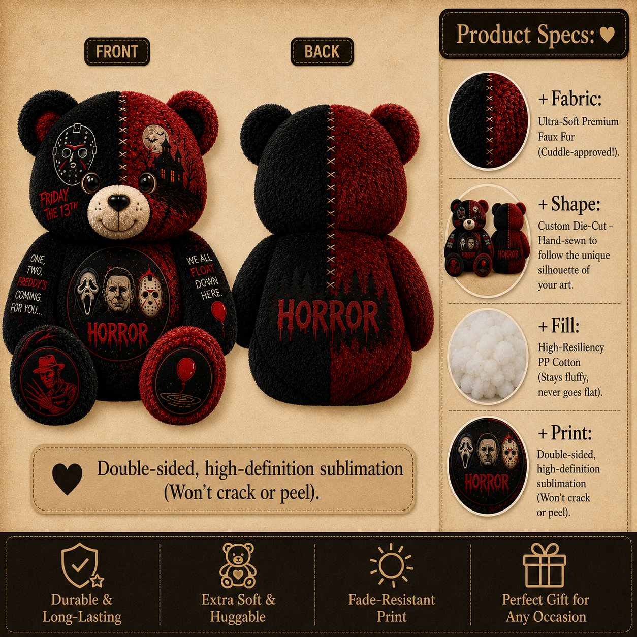 Horror Legends Bear Custom Shaped Pillow – Scary Halloween Gift for Classic Horror & Slasher Fans